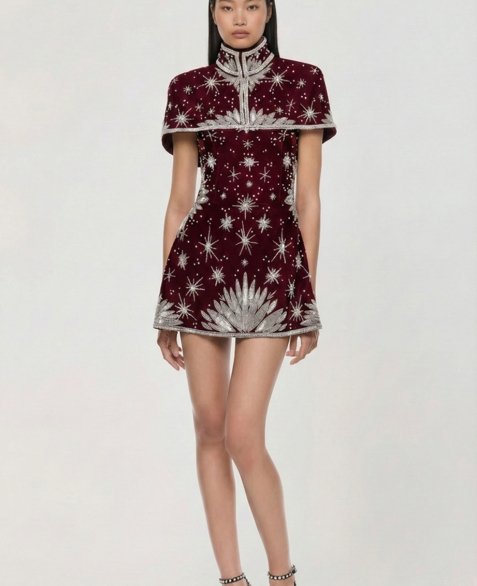 Celestial Embellished Mini Dress – Garnet Red