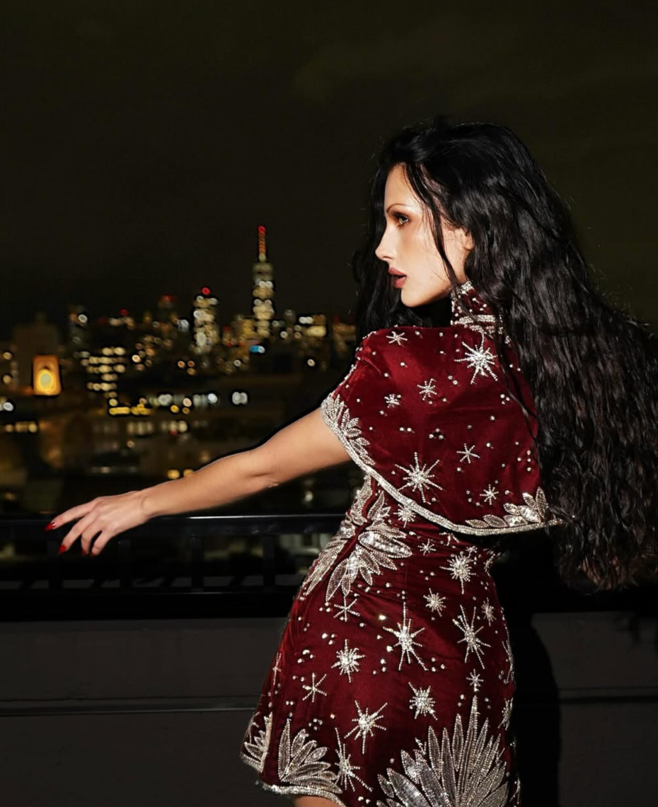 Celestial Embellished Mini Dress – Garnet Red