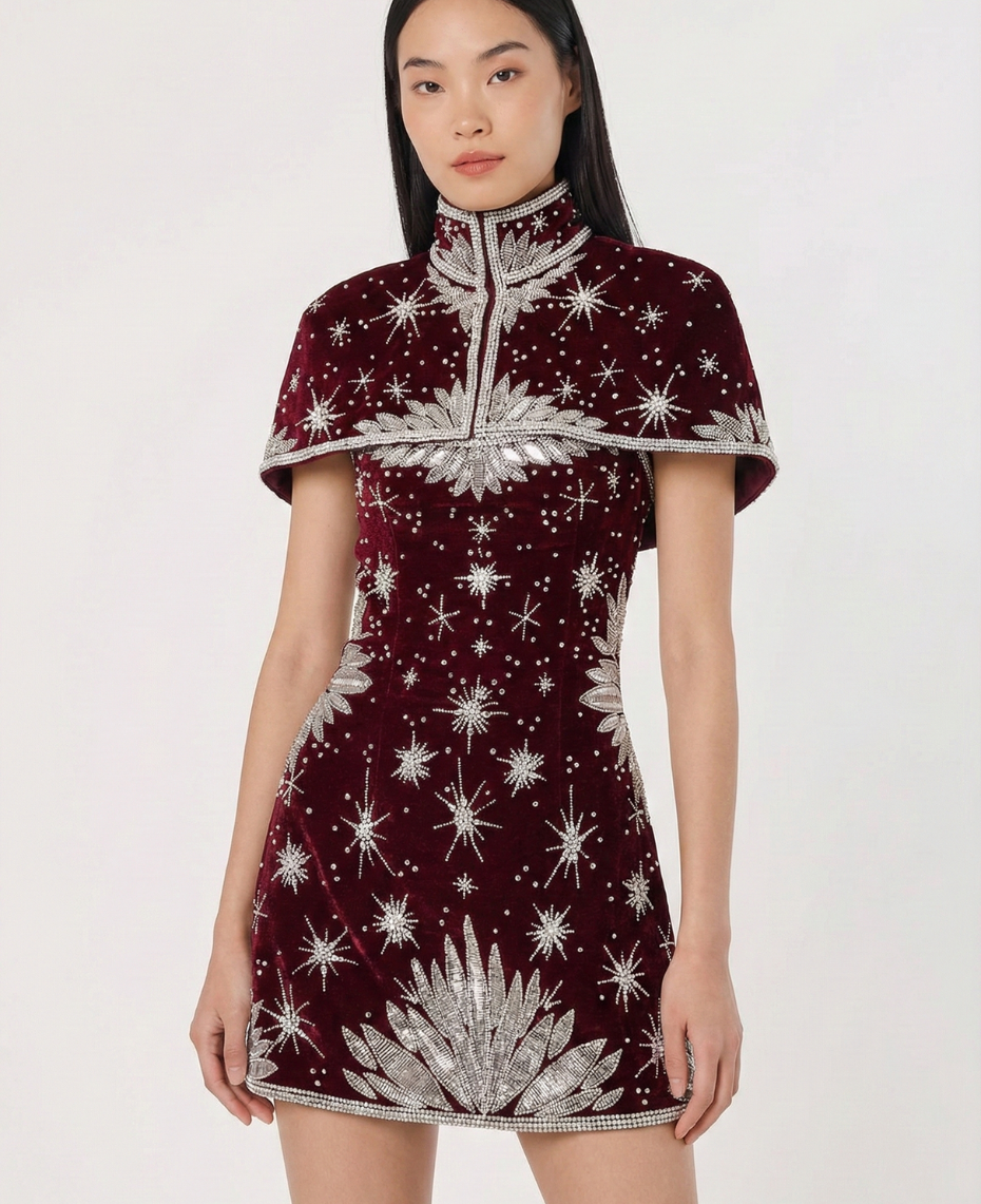 Celestial Embellished Mini Dress – Garnet Red