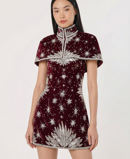 Celestial Embellished Mini Dress – Garnet Red