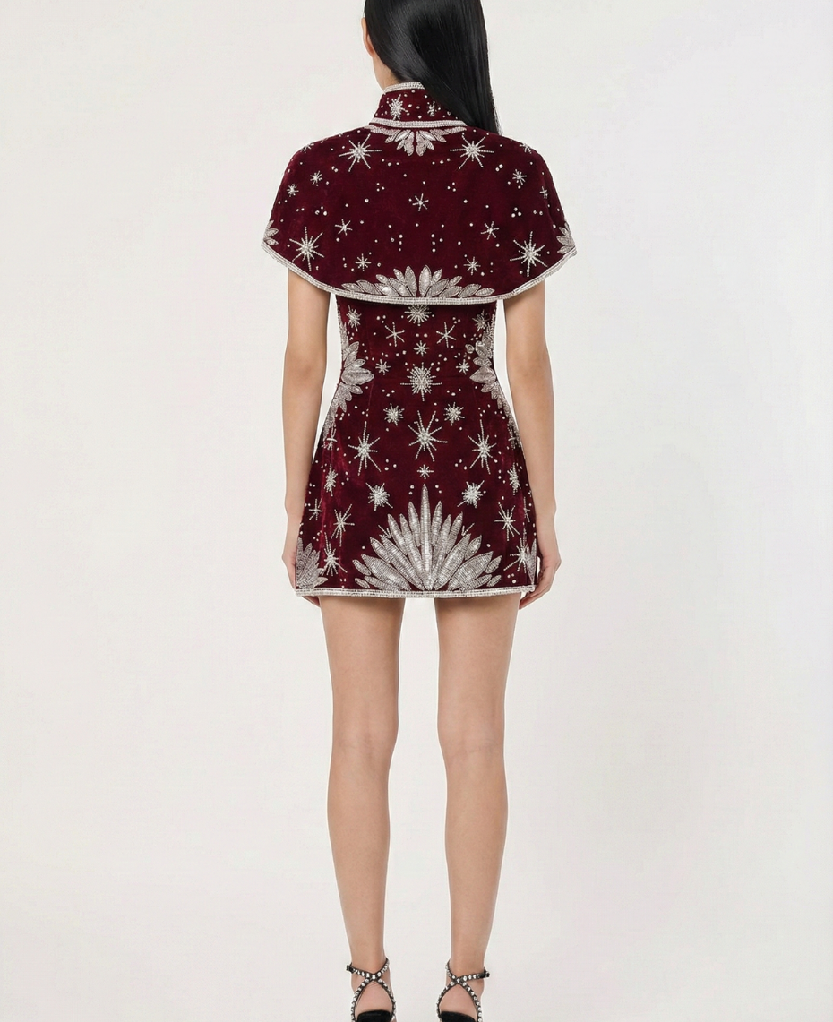 Celestial Embellished Mini Dress – Garnet Red