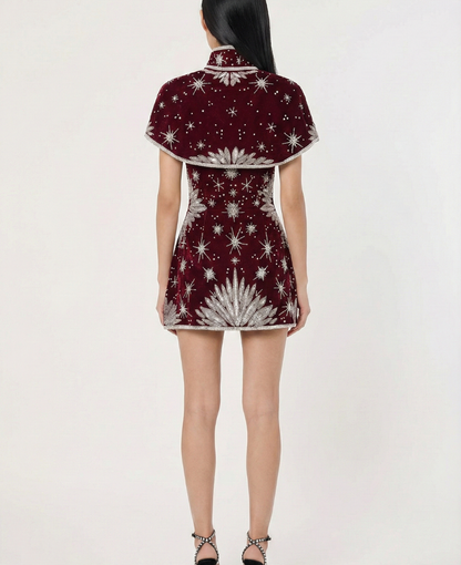 Celestial Embellished Mini Dress – Garnet Red