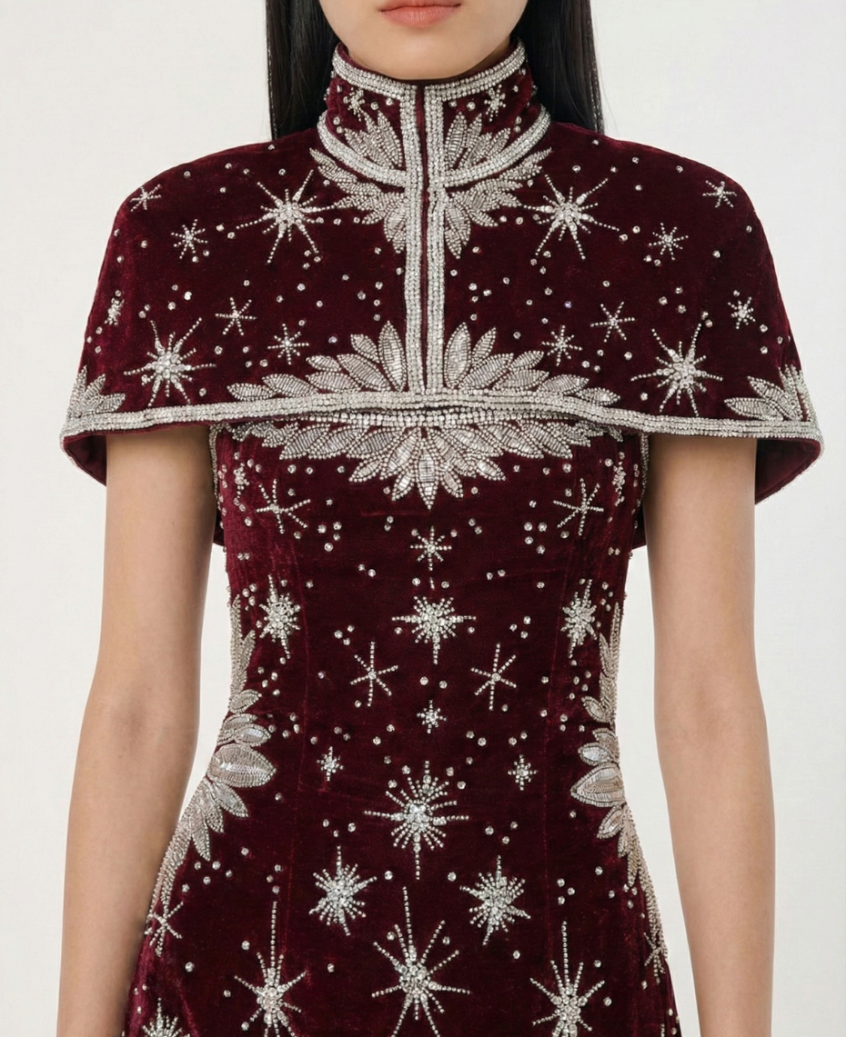 Celestial Embellished Mini Dress – Garnet Red