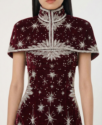 Celestial Embellished Mini Dress – Garnet Red