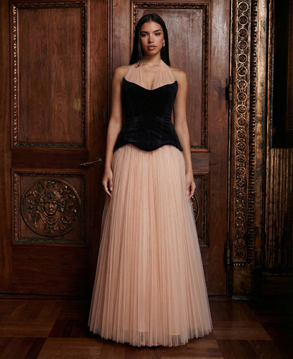 Elara Halter Gown – Blush Noir